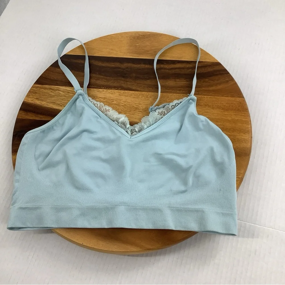 Cacique Bralette Bra 14/16 Nylon Spandex Blue Lace trim No Padding Wireless.